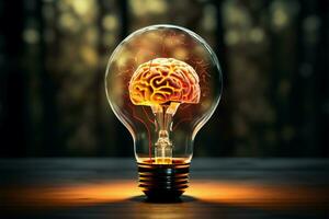 Illuminated brain sparks a creative idea within a shining light bulb AI Generated photo