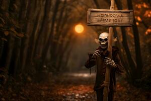 de miedo esqueleto esqueleto sostiene madera con espacio para texto en bosque a noche Víspera de Todos los Santos concepto ai generado foto