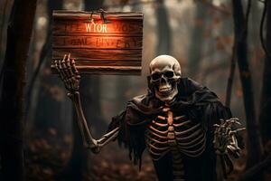 Scary skeleton holding a wooden signboard with space for text AI Generated photo