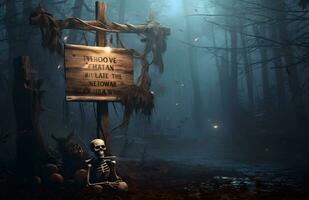 Scary Halloween background with signboard and human skeleton AI Generated photo