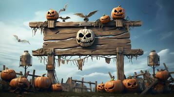 Halloween background with pumpkins, witch house and signboard AI Generated photo