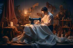 Fashion designer working on a sewing machine in studio AI Generated photo