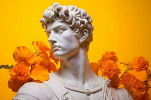 White marble statue of Apollo with orange flowers on a yellow background AI Generated photo