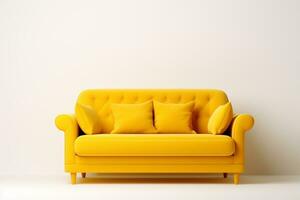 amarillo sofá en el blanco pared antecedentes. 3d hacer ilustración. ai generado foto