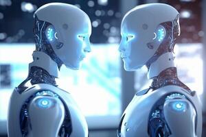 3d rendering humanoid robot with glowing lights in background, future technology concept photo