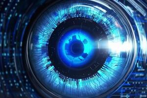 Close up view of eye with digital interface. 3d rendering toned image photo