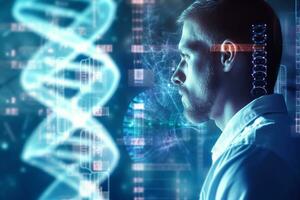 Young man and DNA hologram. Science and medicine concept. Double exposure Ai Generated photo