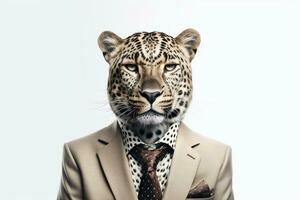 Portrait of a tiger in a businessman suit on a gray background. Ai Generated photo