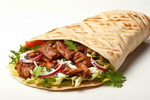 Doner kebab on a wooden board isolated on white background AI Generated photo