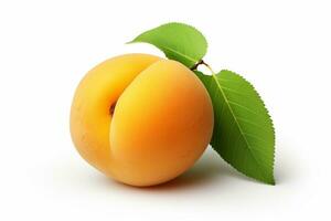 Apricots with leaves on a white background, close-up Ai Generated photo