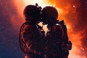 Astronaut kissing his girlfriend in the moonlight. Space background. Ai Generated photo
