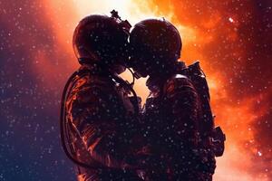 Astronaut kissing his girlfriend in the moonlight. Space background. photo