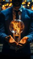 Entrepreneur sparks creativity, clutching light bulbs, igniting innovation vibes Vertical Mobile Wallpaper AI Generated photo