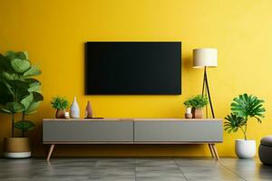 amarillo iluminado fondo Destacar televisión pared consola, mesa, y planta en moderno vivo espacio ai generado foto