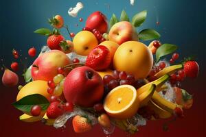 Fruits soaring through the air, a playful and gravity free scene AI Generated photo