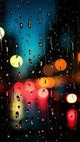 Abstract night scene window with colorful raindrops, blurred city lights Vertical Mobile Wallpaper AI Generated photo