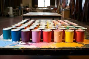 vistoso latas de pintar en el mesa en el artista estudio ai generado foto