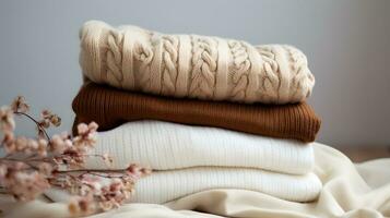 Stack of knitted sweaters. Stack of knitted winter clothes AI Generated photo