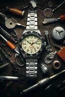 Wristwatch and tools on dark background. Vintage style toned picture AI Generated photo