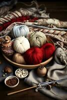 tejido de punto agujas, de lana hilos, hilo pelotas en un de madera antecedentes ai generado foto