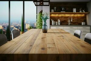 A wooden table in a modern kitchen, harmonizing with the background AI Generated photo