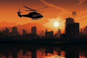 City tower and utility chopper in striking orange silhouette contrast AI Generated photo