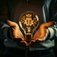 Businessmans palm clasps lightbulb and gear, epitomizing creativity and engineering For Social Media Post Size AI Generated photo