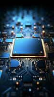 radiante azul circuito tablero brillante con electrizante tecnológico brillantez vertical móvil fondo de pantalla ai generado foto