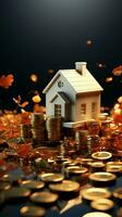 Home rests atop coin heap, depicting financial success and property Vertical Mobile Wallpaper AI Generated photo