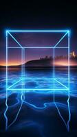 Luminous blue neon square 3D rendering mirrored on water Vertical Mobile Wallpaper AI Generated photo