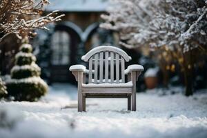 un de madera silla en un invierno jardín, suavemente borroso paisaje ai generado foto