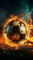 Dynamic ignition, Powerful kick sends soccer ball ablaze in stadium Vertical Mobile Wallpaper AI Generated photo