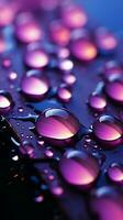 A serene scene Raindrops close up, gently bathed in purple light Vertical Mobile Wallpaper AI Generated photo