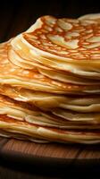 A wooden background showcases thin pancakes in enticing close up Vertical Mobile Wallpaper AI Generated photo