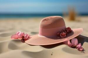 sombrero en el arena un fiesta estado animico transportada con un rosado Paja sombrero ai generado foto