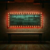 Empty long billboard sign framed in neon on a vintage brick wall For Social Media Post Size AI Generated photo