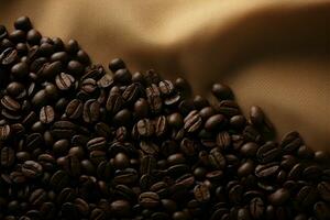 Coffee beans and aroma Sackcloth backdrop, view from above, 3D AI Generated photo