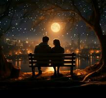 Moonlit embrace, Couple on bench, falling star, rear view illustrated nights romantic tale For Social Media Post Size AI Generated photo