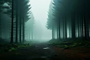 Pine woods shrouded in fog, mysterious 3D art, chilling atmosphere AI Generated photo