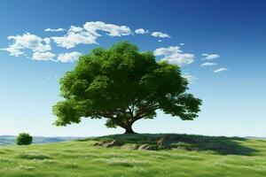majestuoso árbol en contra un azul cielo fondo, naturaleza y paisaje en 3d ai generado foto
