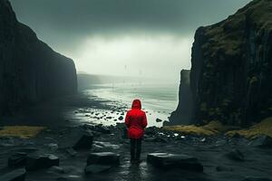 Reflective traveler seeks purpose amid the beauty of Reynisfjaras cliffs AI Generated photo