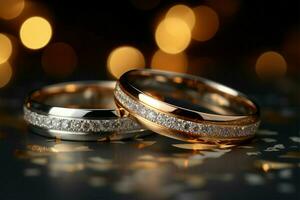 Silver and gold wedding rings sparkle on a glittery backdrop AI Generated photo