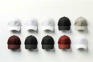 Colorful baseball caps on white background. Clipping path included. Ai Generated photo