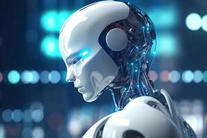 3d rendering humanoid robot with glowing lights in background, future technology concept photo