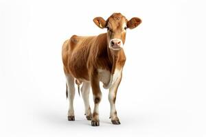 Young brown and white cow standing isolated on white background, side view AI Generated photo