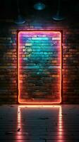 Abstract art concept Neon sign banner on a textured brick wall Vertical Mobile Wallpaper AI Generated photo