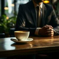 Sitting businessman with aromatic coffee on a wooden table, saucer For Social Media Post Size AI Generated photo