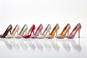 Row of high heel shoes isolated on white background, clipping path included Ai Generated photo