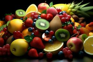 Fruta popurrí en 3d, capturar un sentido de frescura y fluir ai generado foto