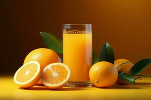 Zesty composition A creative layout with fresh orange fruit and juice AI Generated photo